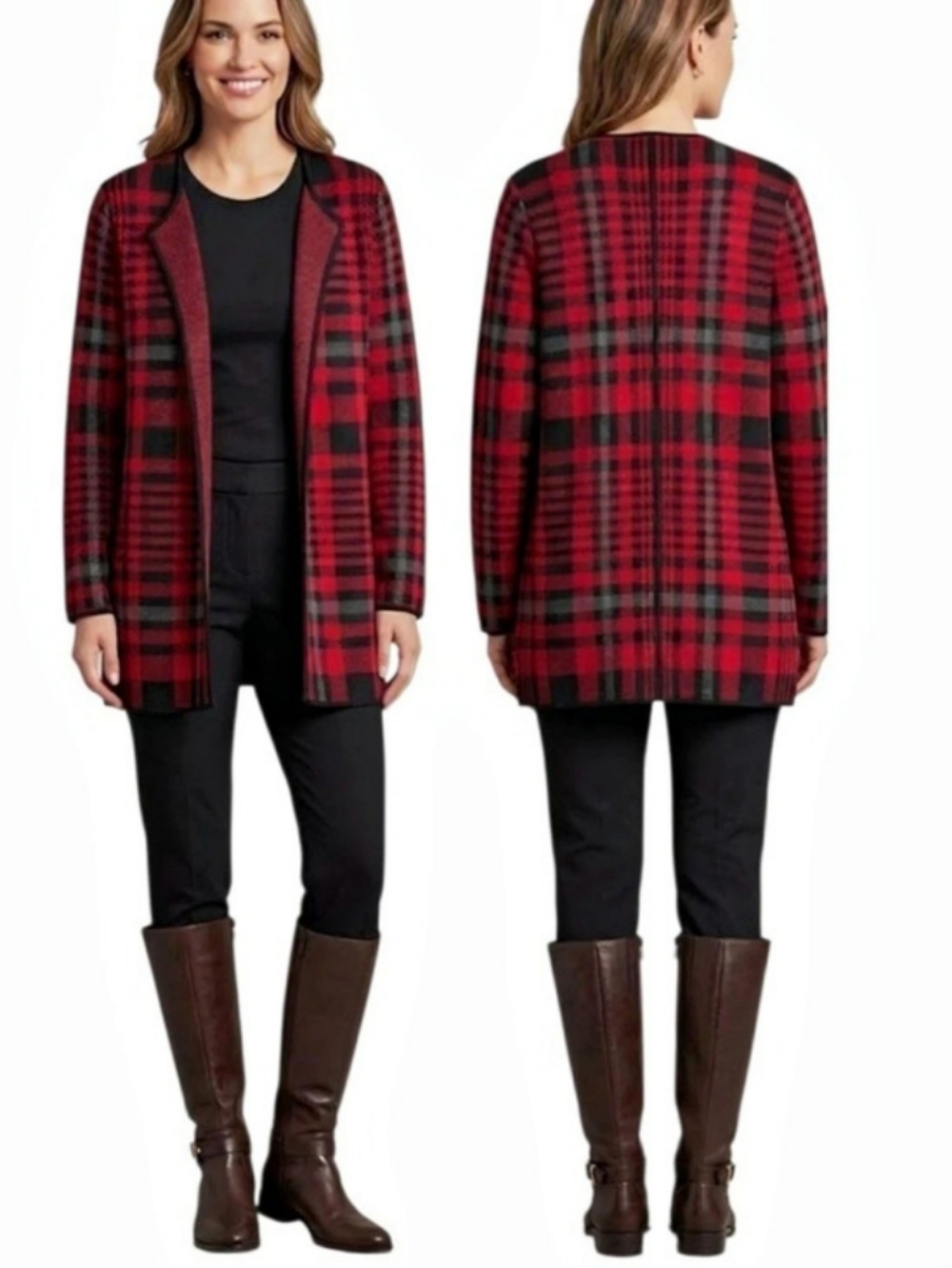 Talbots Red Tartan Plaid Open-Front Long Cardigan, XL, NWOT
